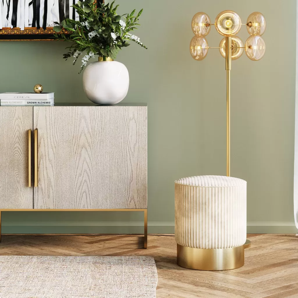 Rahit Ja Jakkarat>KARE Design Cherry Jakkara, Palli Samettia, Beige/messinki Ø35cm