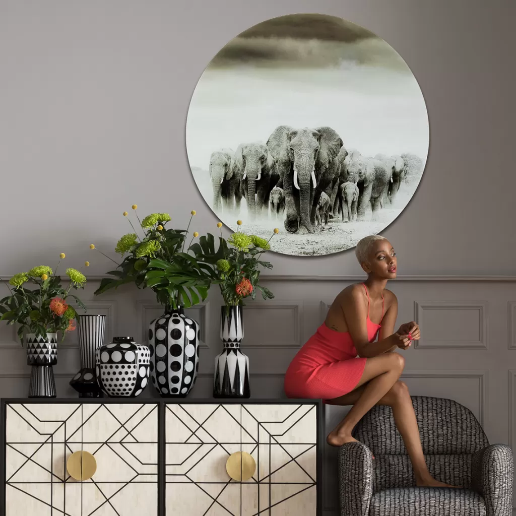 Taulut>KARE Design Elephant Walk - Elefantit, Pyöreä Lasitaulu Ø120cm