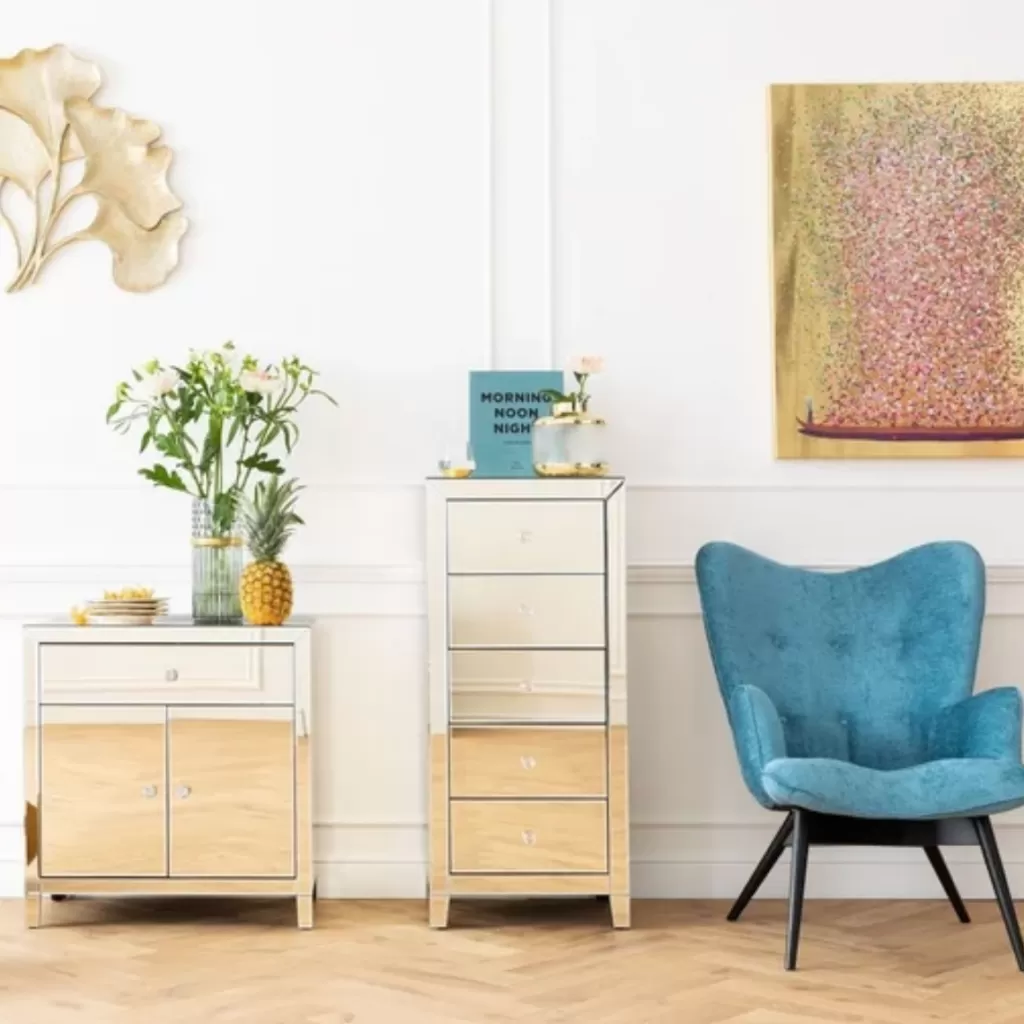 Senkit | Olohuone>KARE Design Luxury Pearl Korkea Lipasto, 5 Laatikkoa, Peililasia