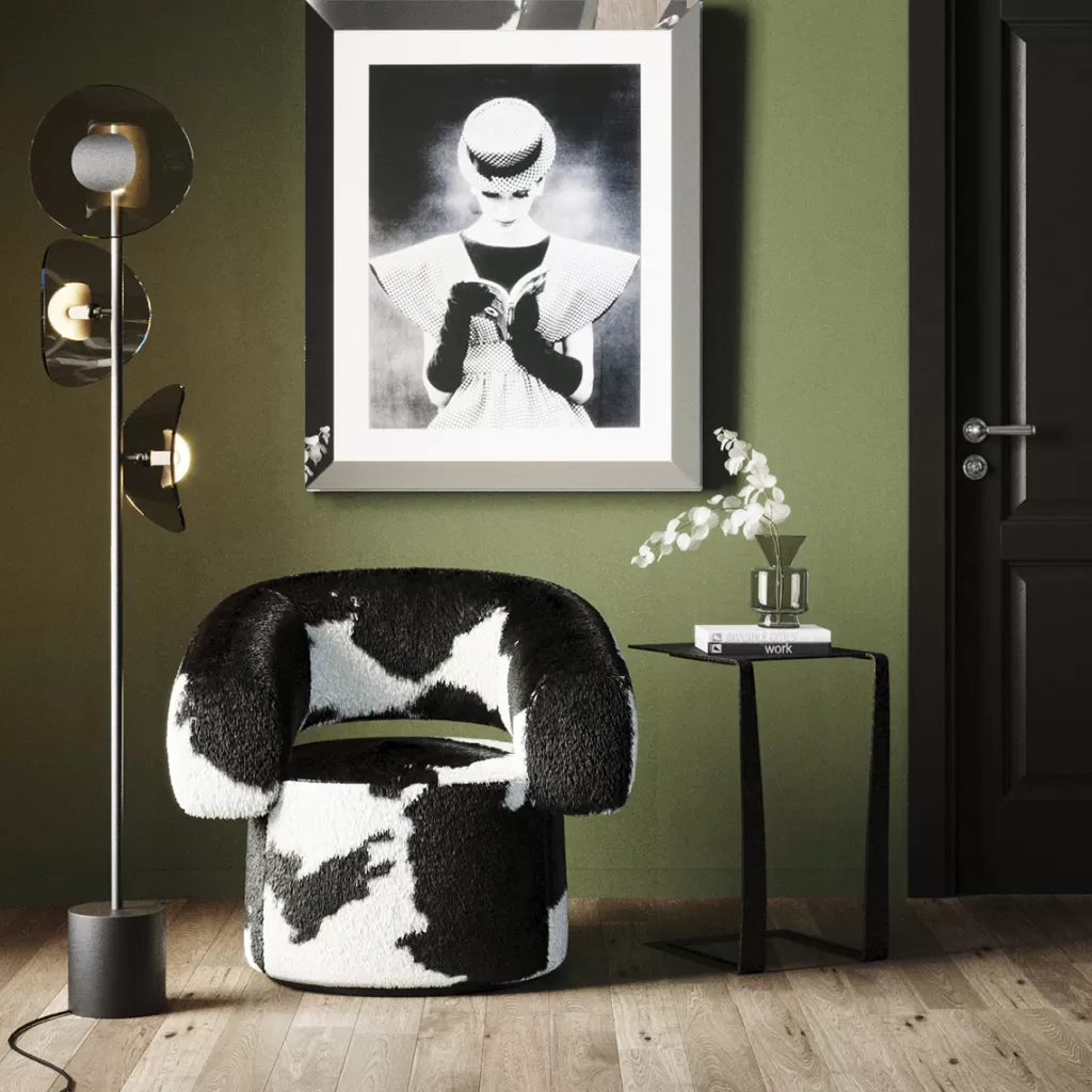 Nojatuolit>KARE Design Maye Pyörivä Nojatuoli, Lehmännahka, Musta-valkoinen