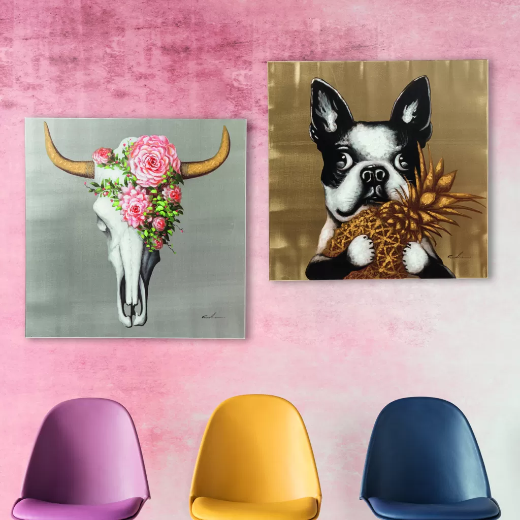 Taulut | Olohuone>KARE Design Picture Touched Dog With Pineapple Koira Taulu, Kulta 80x80cm